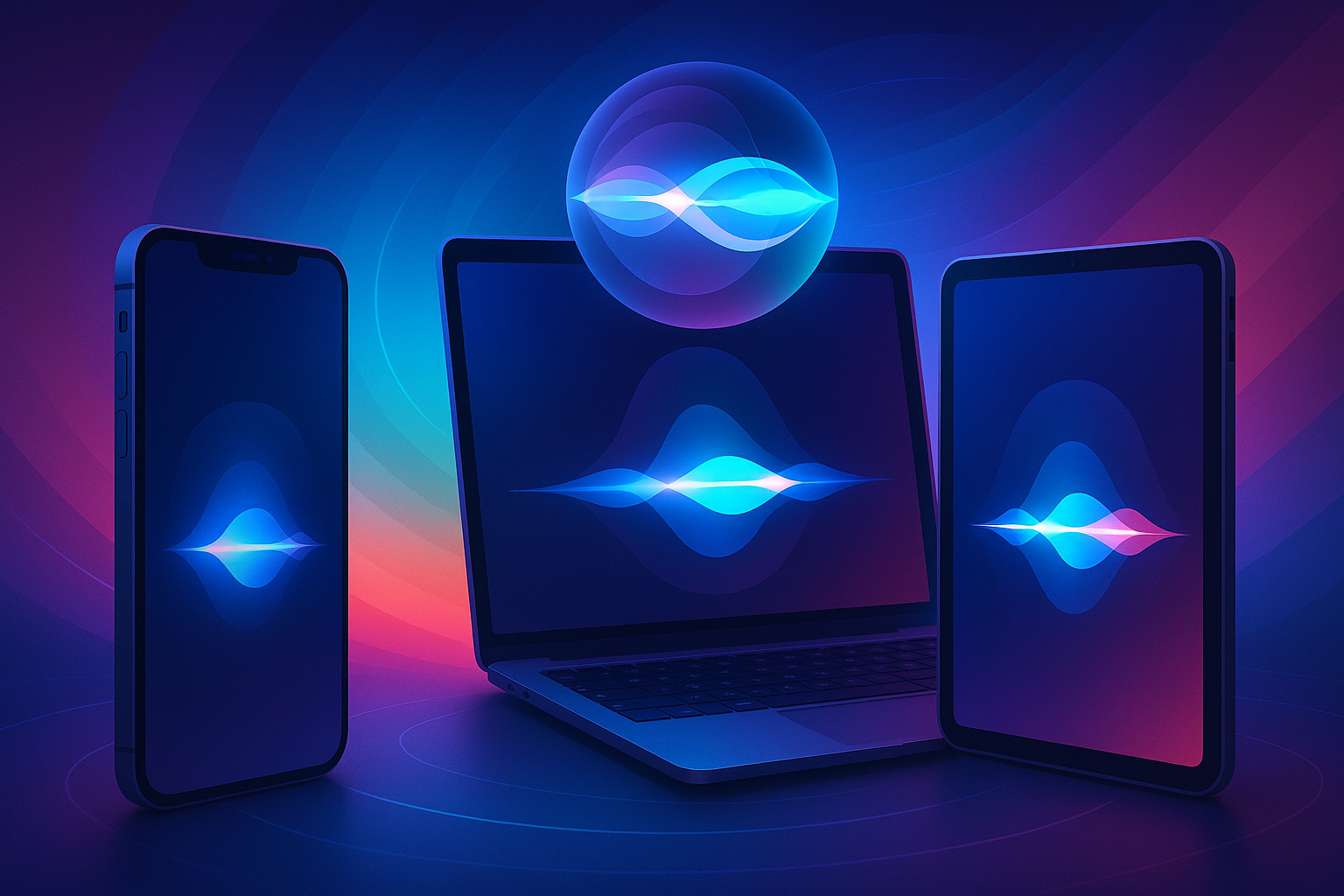 Biểu tượng Siri AI hoạt động trên nhiều thiết bị Apple với không gian công nghệ